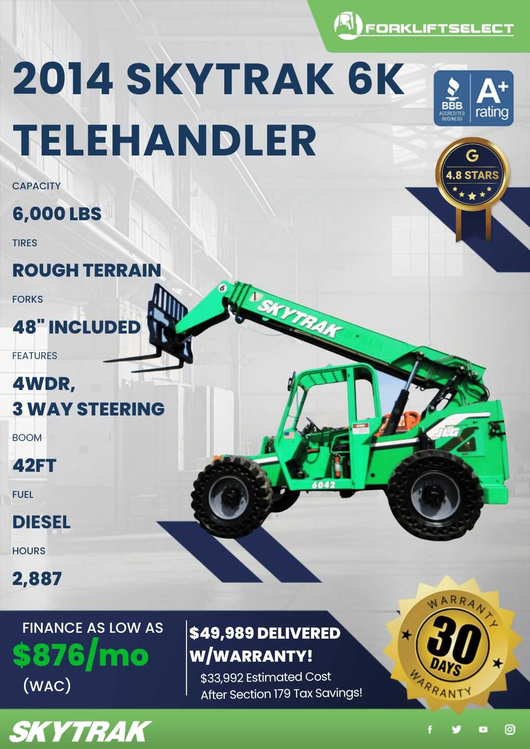 2014 SkyTrak 6K Pneumatic Tire Forklift