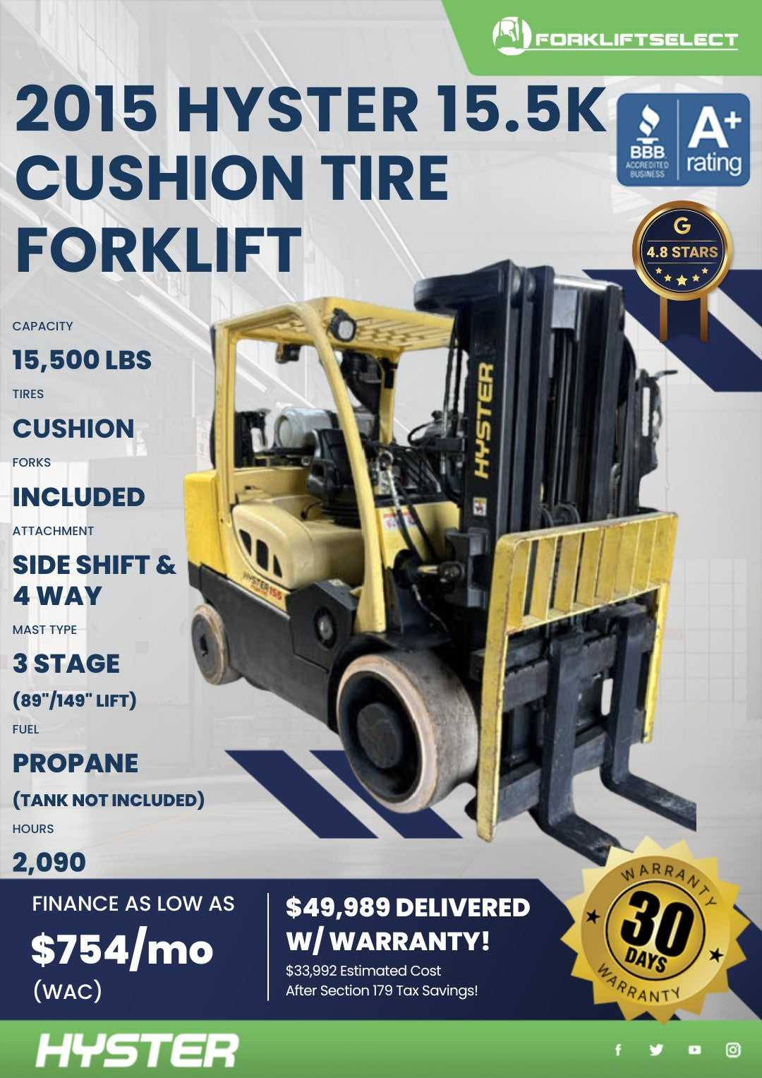 2015 Hyster 15.5K Cushion Tire Fork...