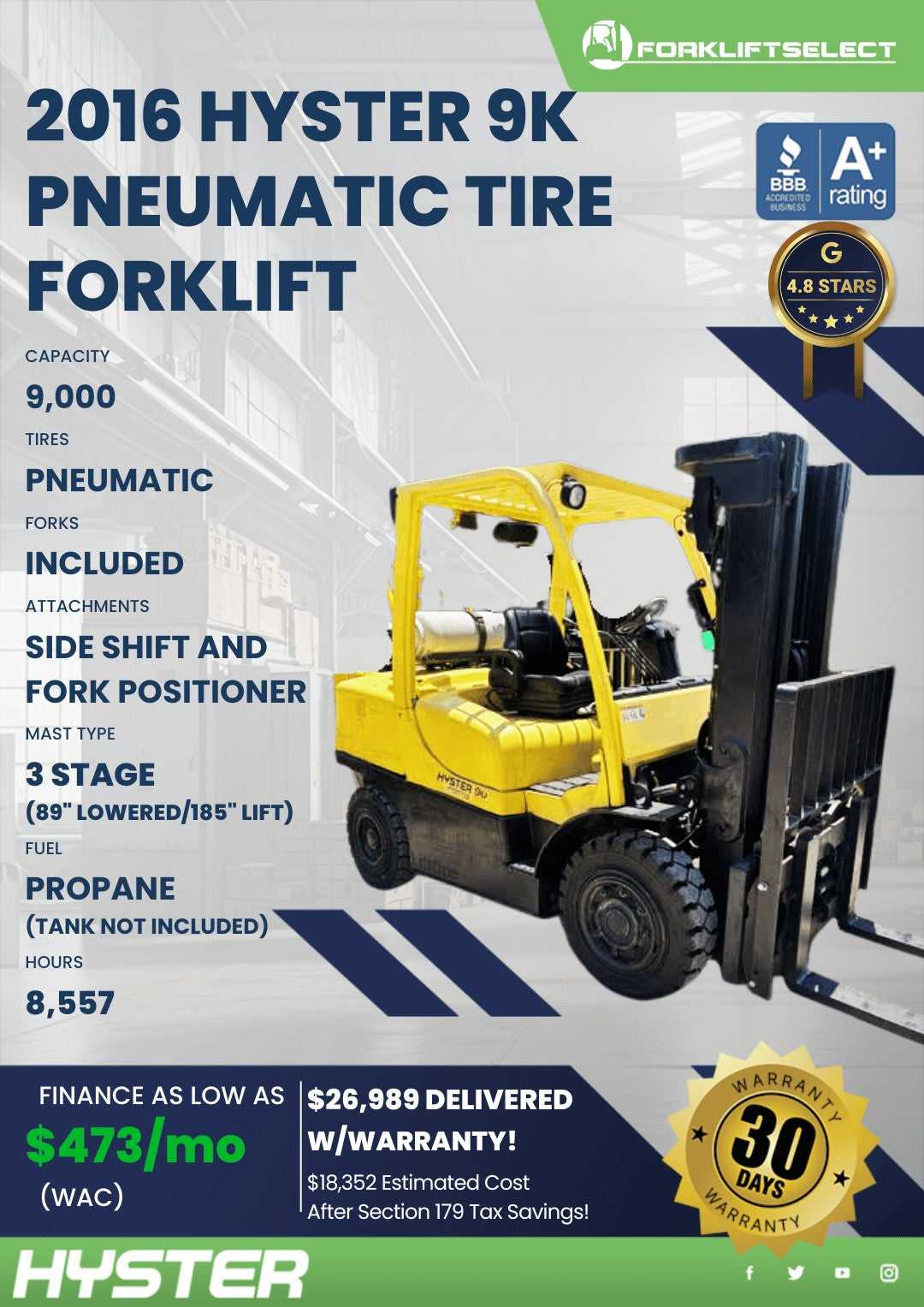 2016 Hyster 9K Pneumatic Tire Forkl...
