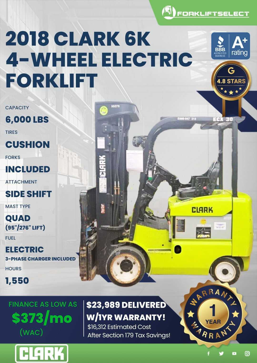 2018 Clark 6K Cushion Tire Forklift...
