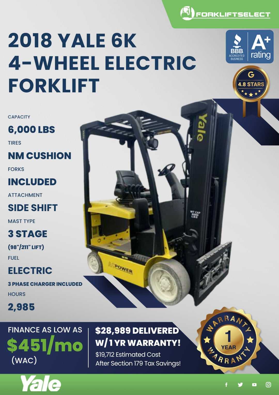 2018 Yale 6K Cushion Tire Forklift