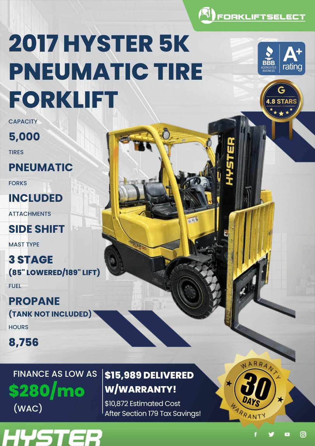 2017 Hyster 5K Pneumatic Tire Forkl...