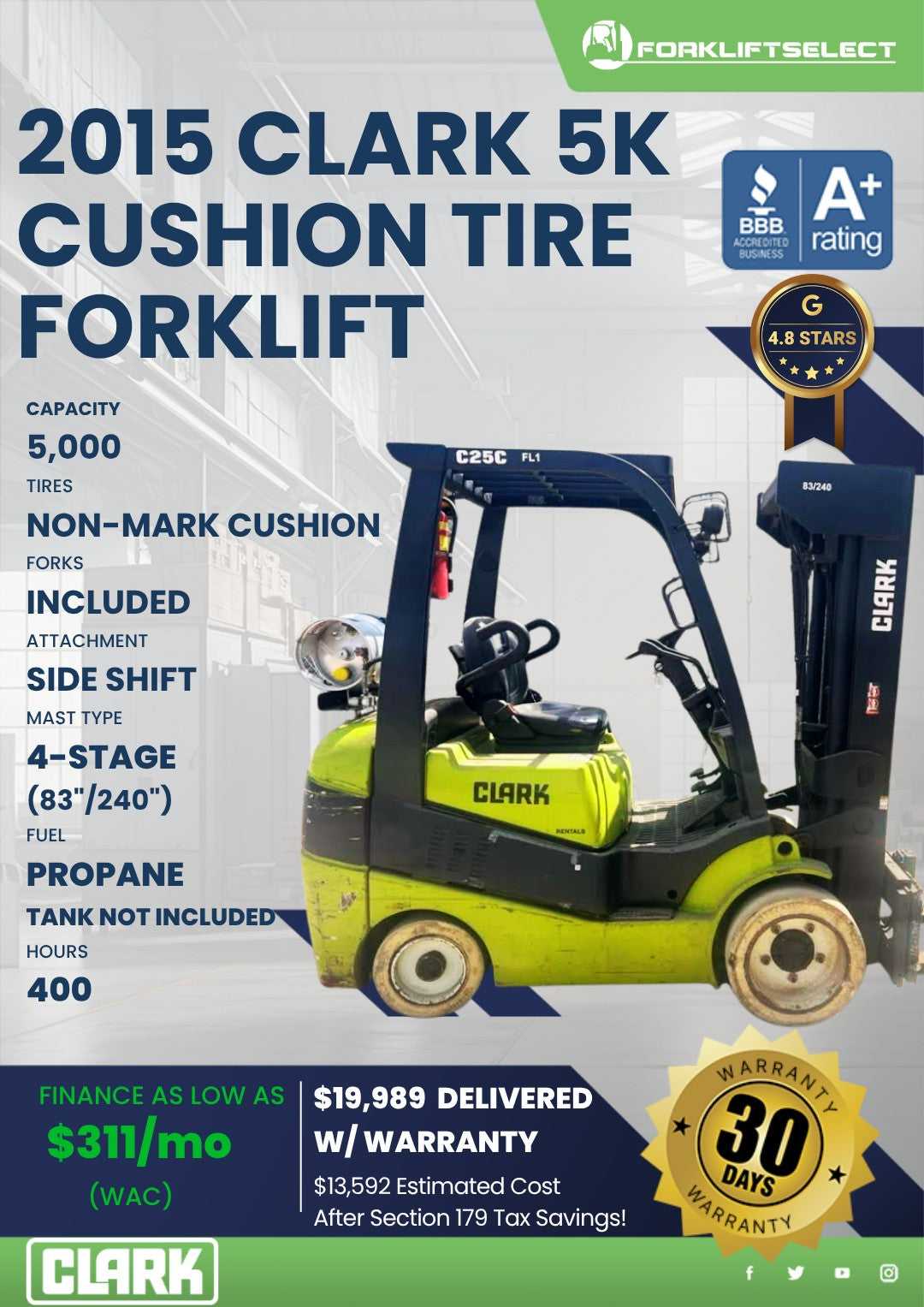 2015 Clark 5K Cushion Tire Forklift...