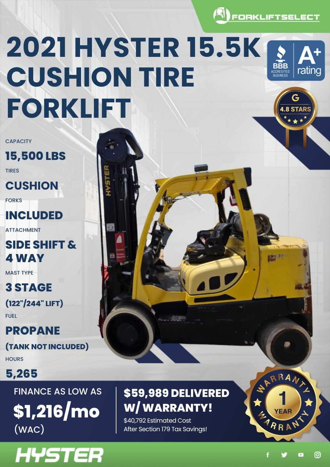 2021 Hyster 15.5K Cushion Tire Fork...