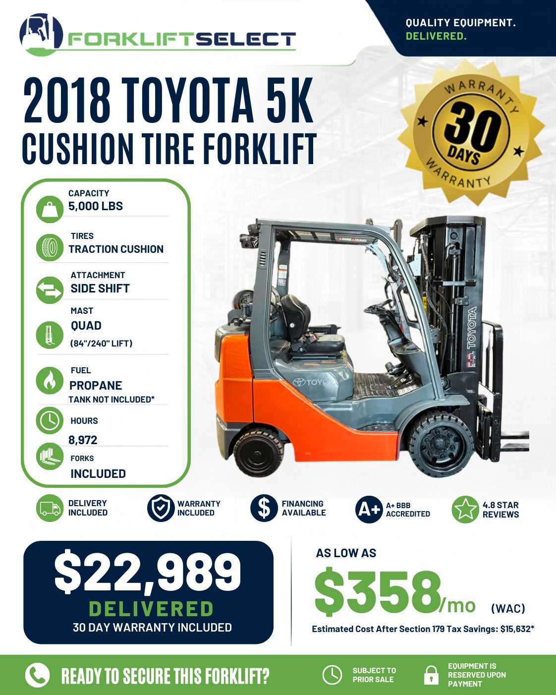 2018 Toyota 5K Cushion Tire Forklif...