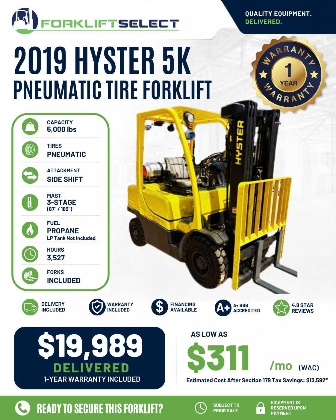2019 Hyster 5K Pneumatic Tire Forkl...