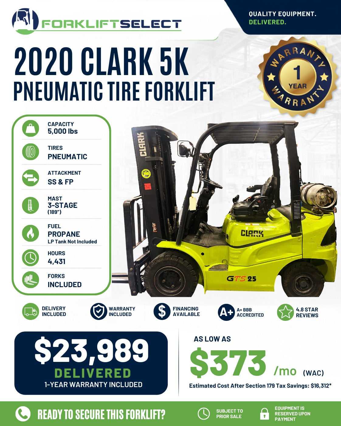 2020 Clark 5K Pneumatic Tire Forkli...