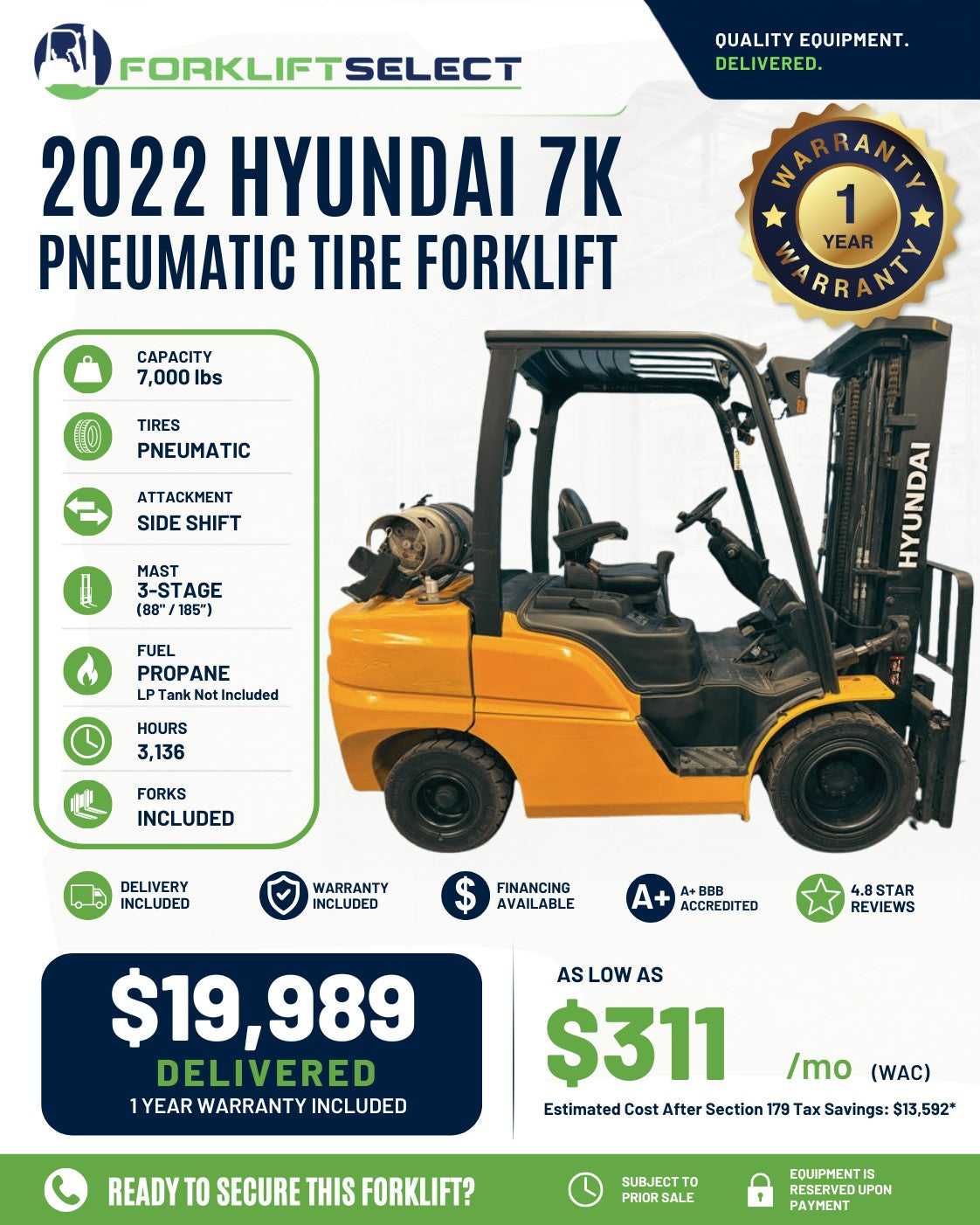 2022 Hyundai 7K Pneumatic Tire Fork...