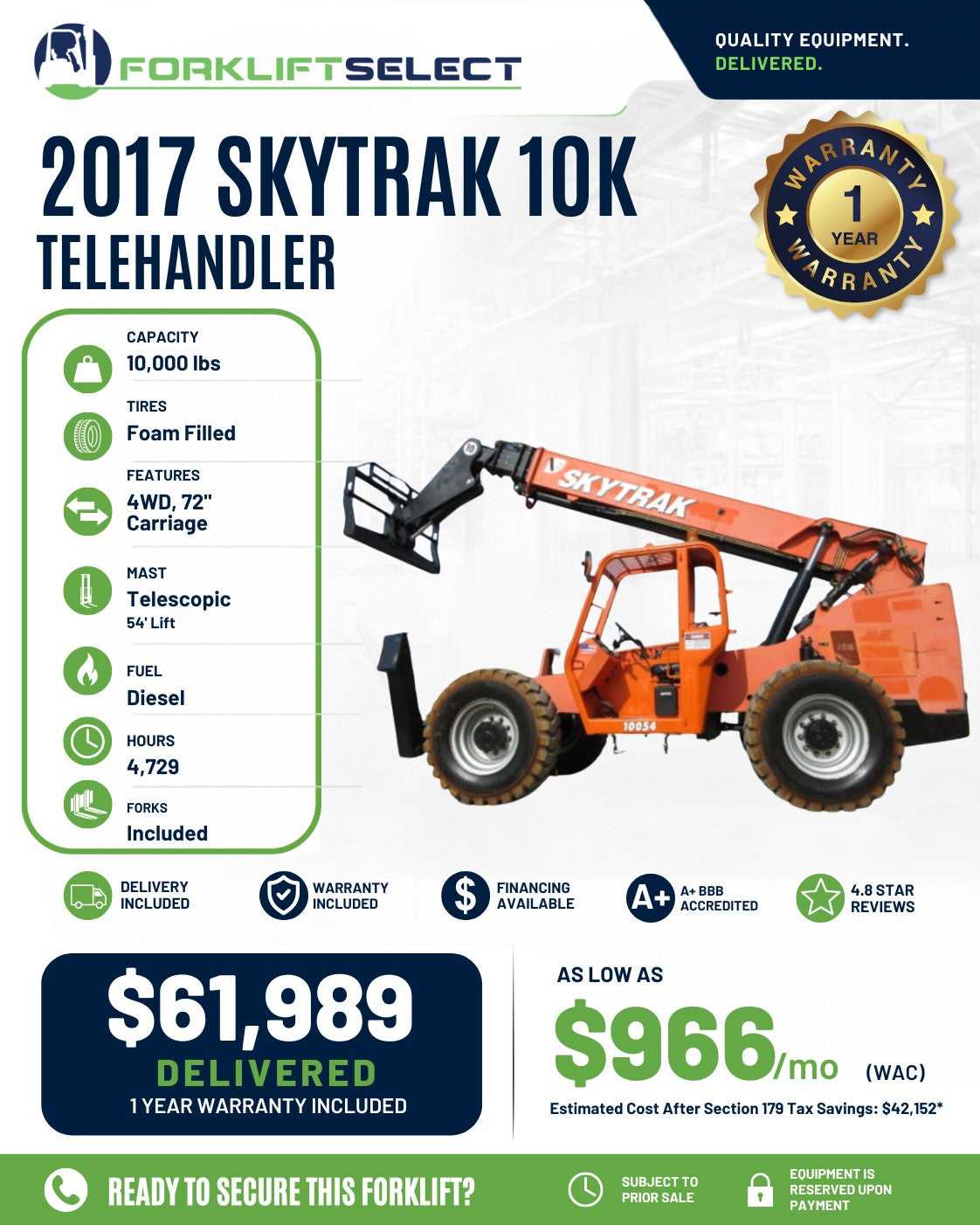 2017 SkyTrak 10K Cushion Tire Forklift