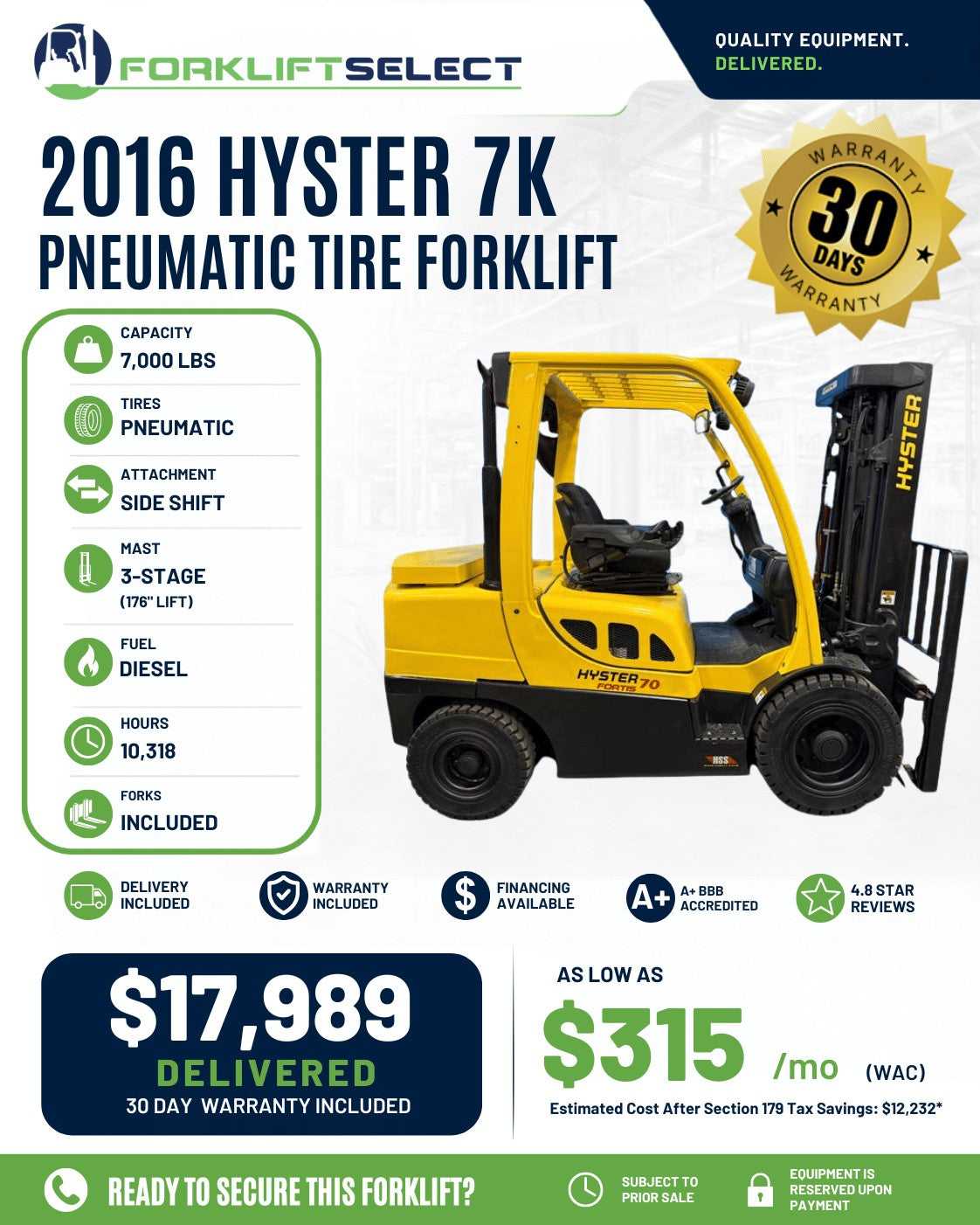2016 Hyster 7K Pneumatic Tire Forkl...