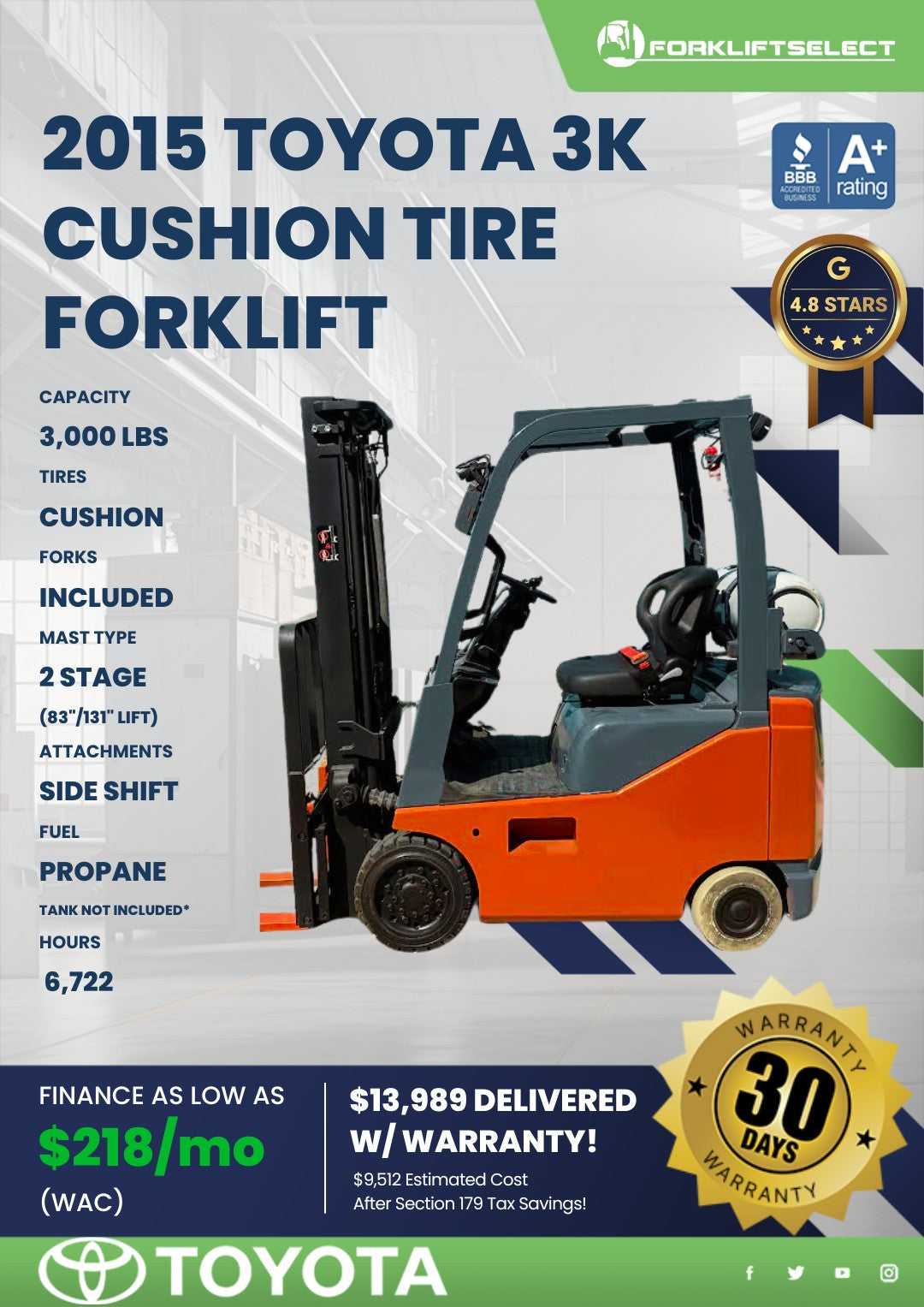 2015 Toyota 3K Cushion Tire Forklif...