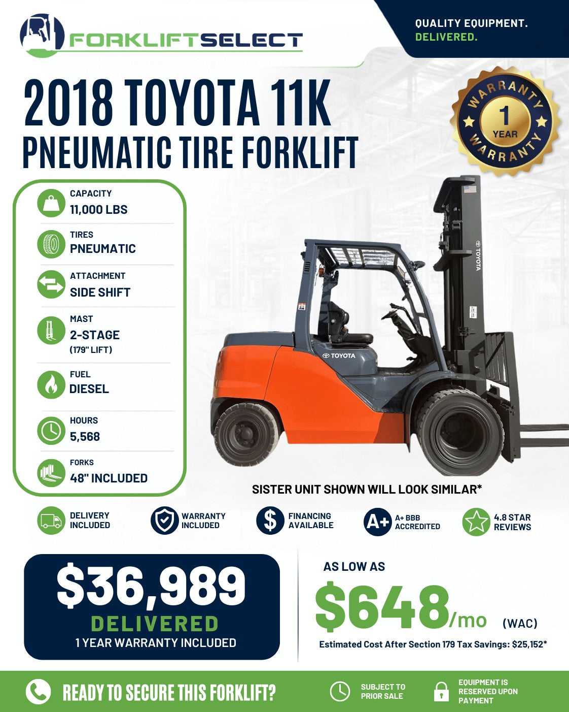 2018 Toyota 11K Pneumatic Tire Fork...