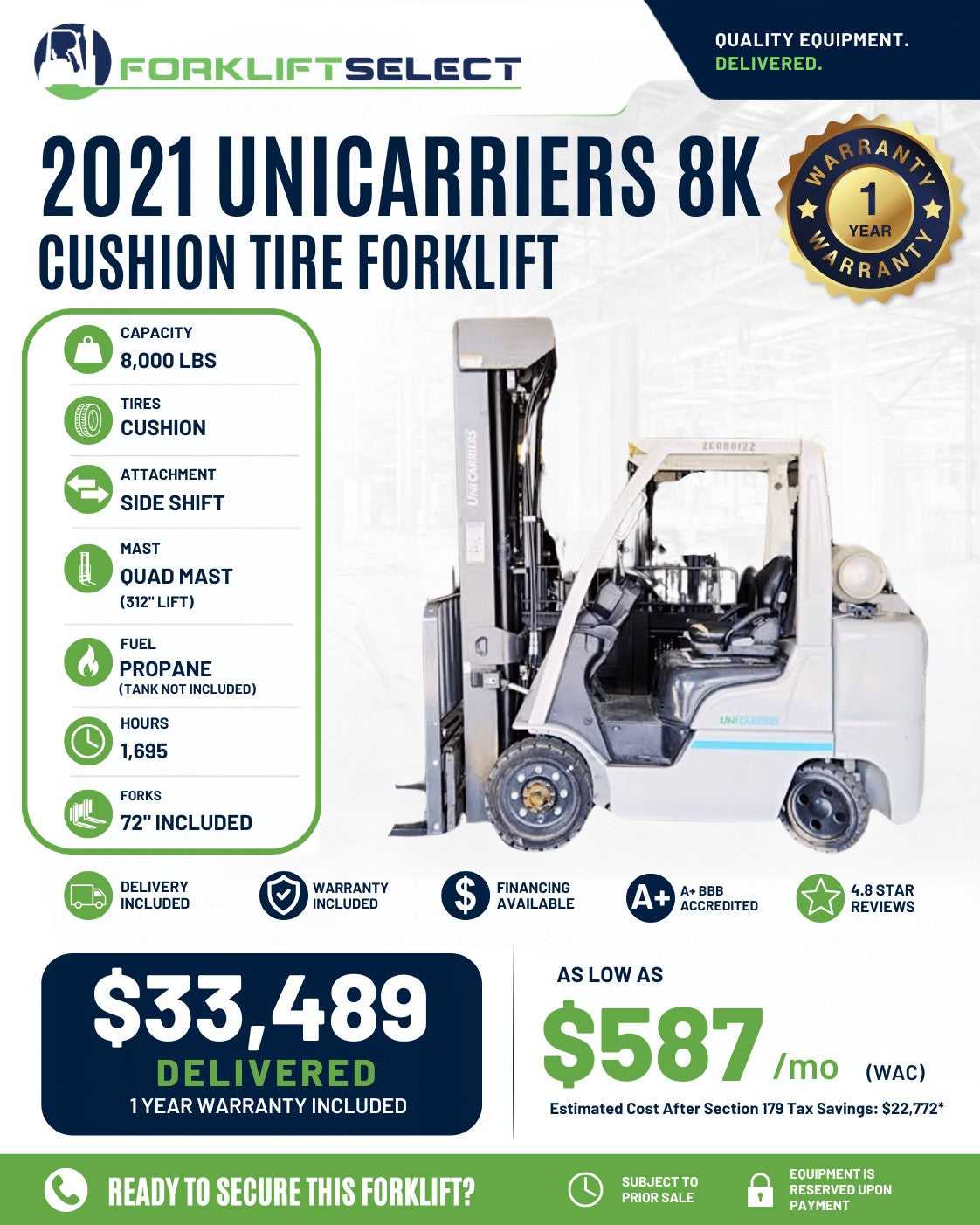 2021 UniCarriers 8K Cushion Tire Fo...