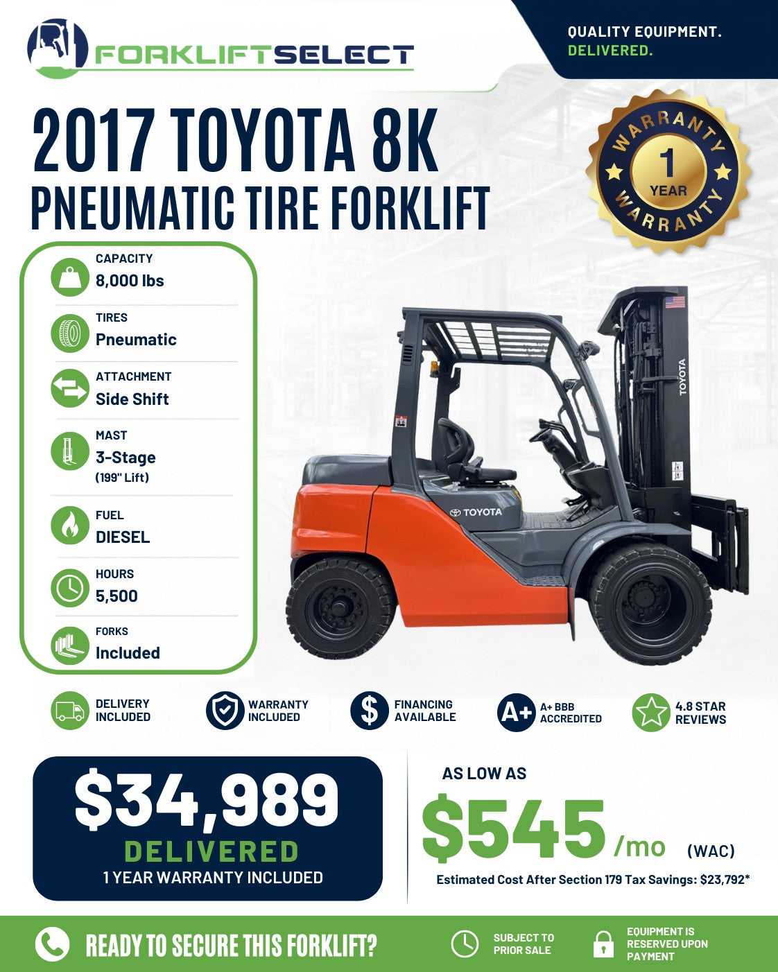 2017 Toyota 8K Pneumatic Tire Forkl...