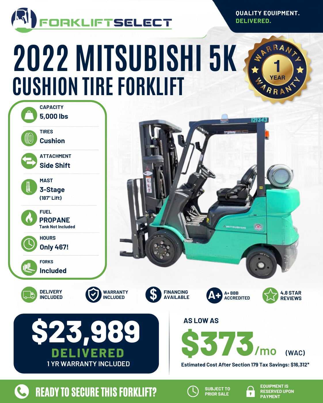 2022 Mitsubishi 5K Cushion Tire Forklift