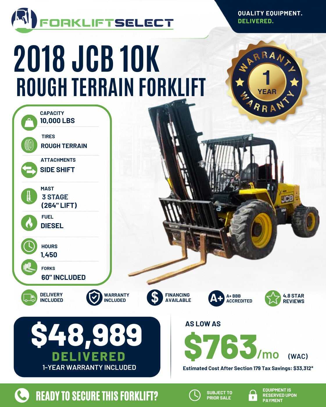 2018 JCB 10K Pneumatic Tire Forklift