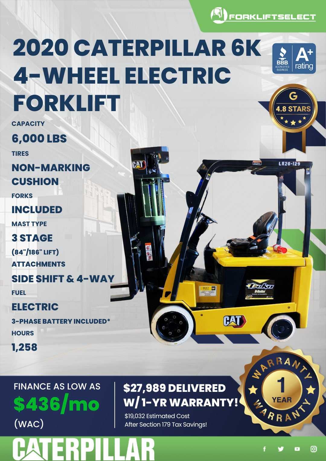 2020 Caterpillar 6K Cushion Tire Forklift