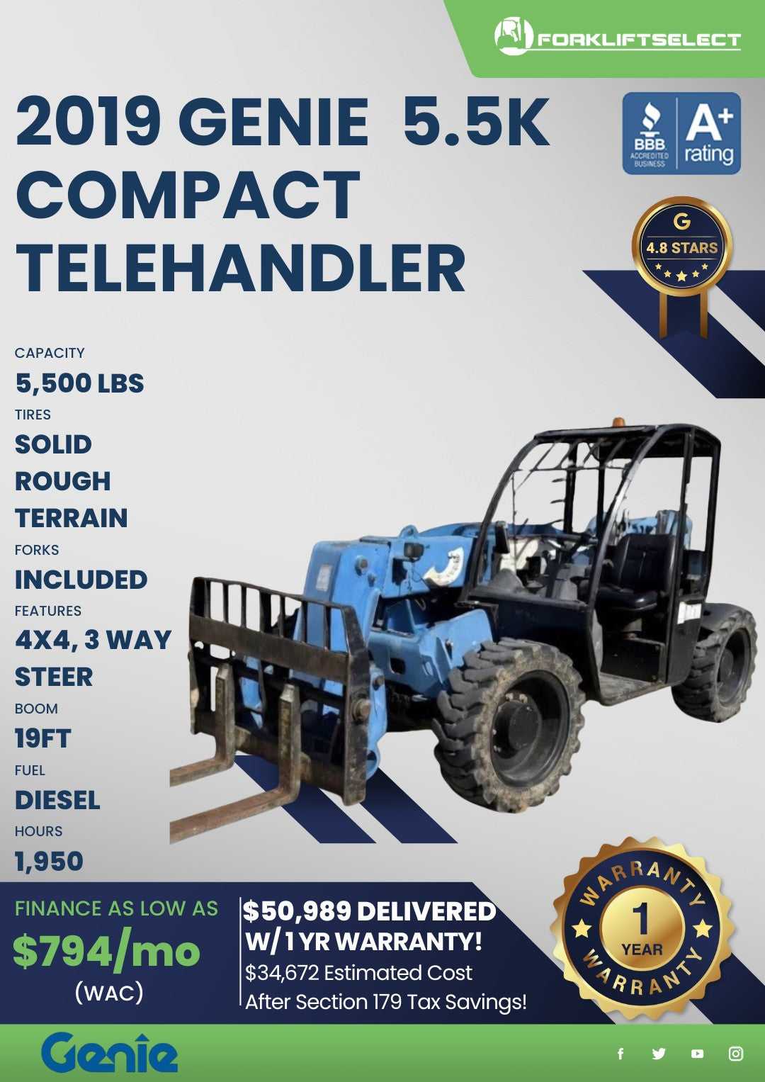 2019 Genie 5.5K Pneumatic Tire Telehandler