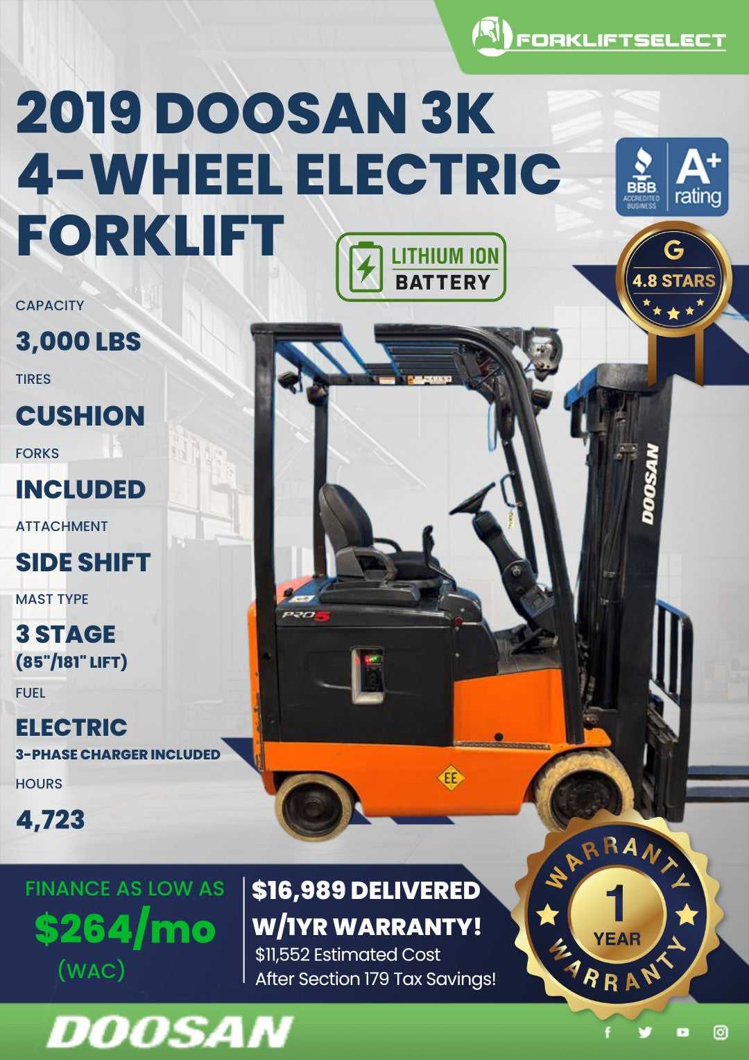 2019 Doosan 3K Cushion Tire Forklif...