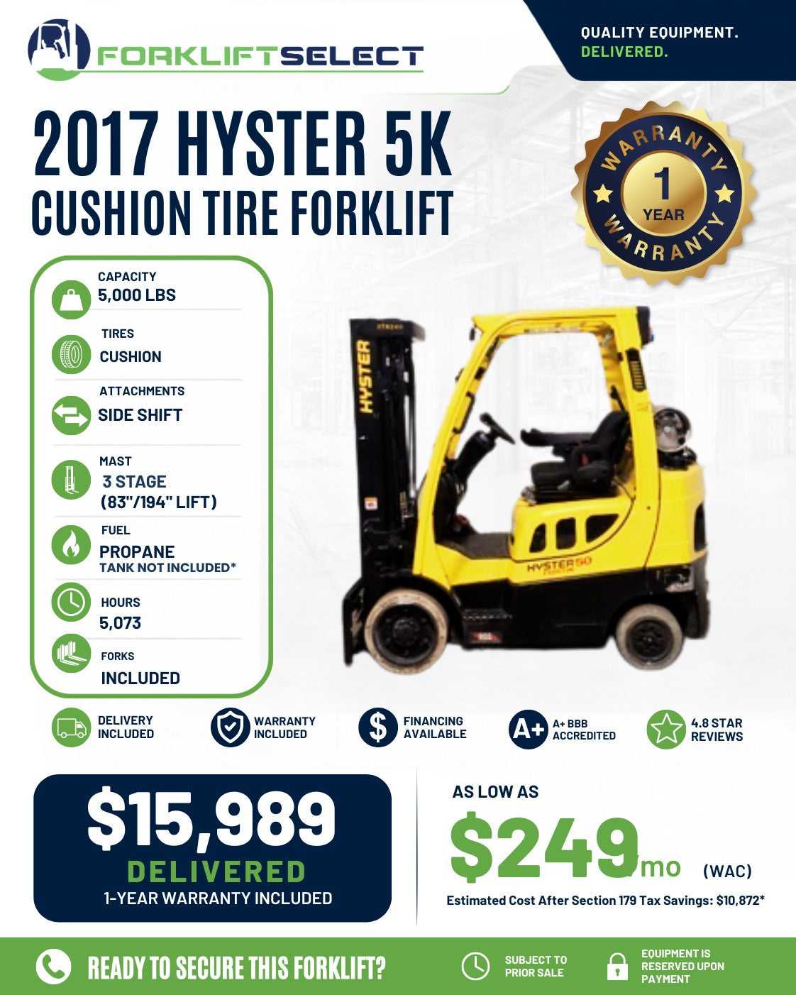 2017 Hyster 5K Cushion Tire Forklif...