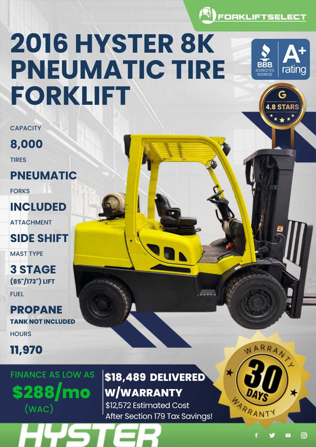 2016 Hyster 8K Pneumatic Tire Forkl...