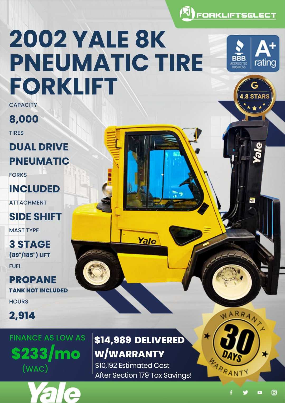 2002 Yale 8K Pneumatic Tire Forklif...