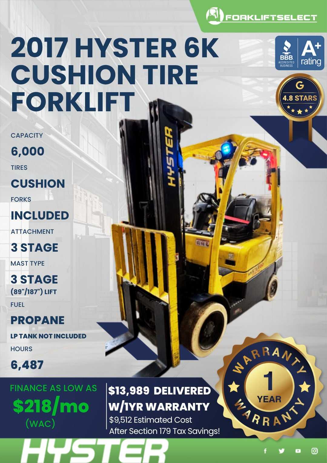 2017 Hyster 6K Cushion Tire Forklif...