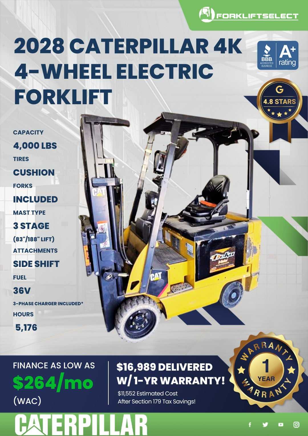 2028 Caterpillar 4K Cushion Tire Forklift