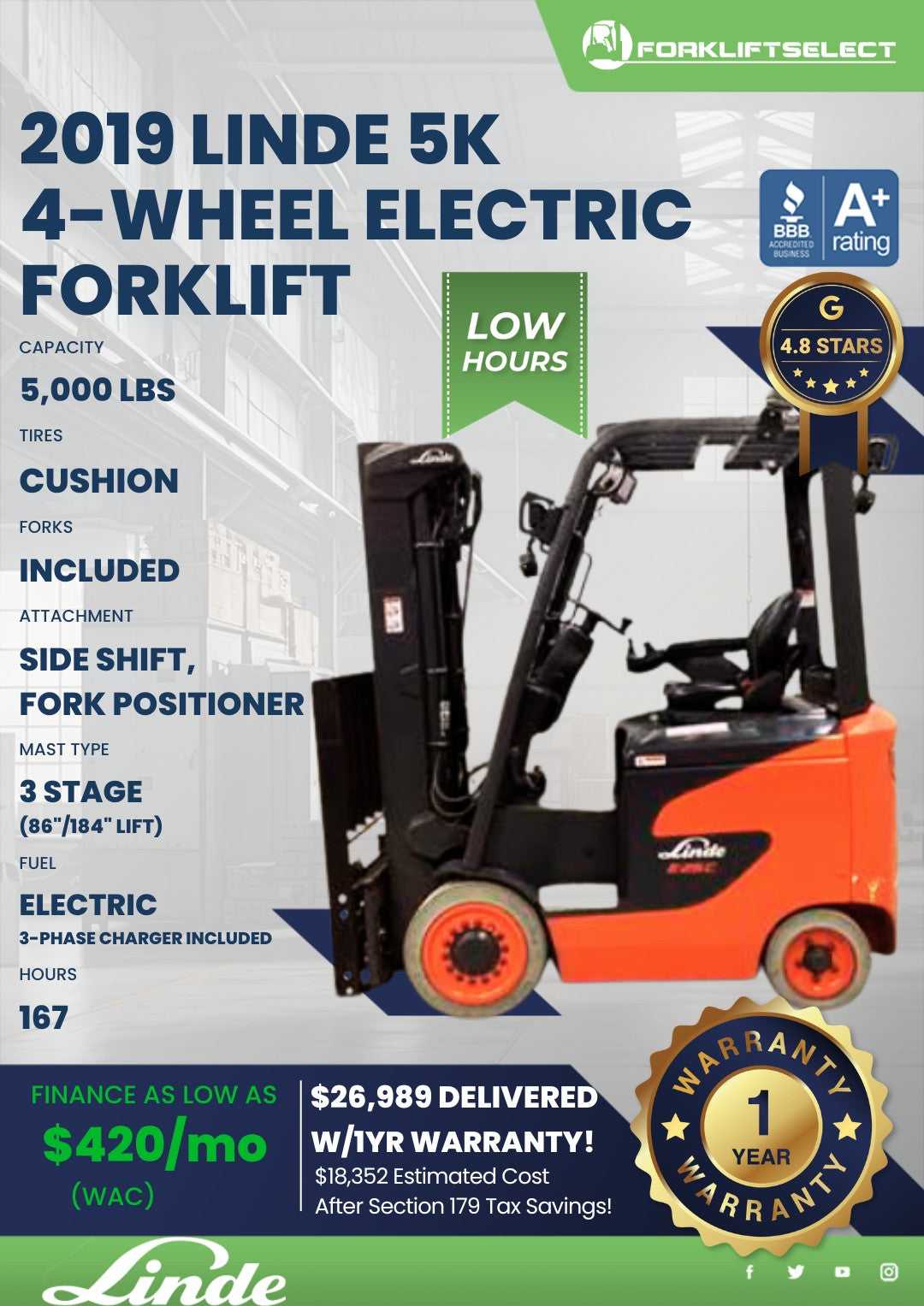 2019 Linde 5K Cushion Tire Forklift
