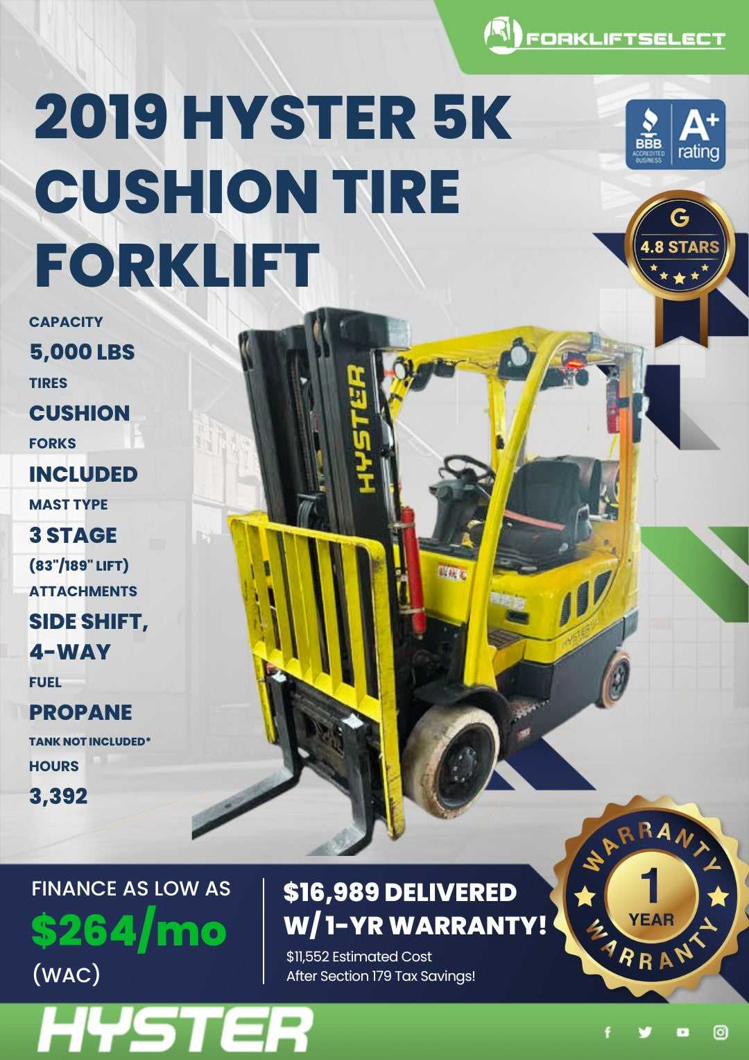2019 Hyster 5K Cushion Tire Forklif...