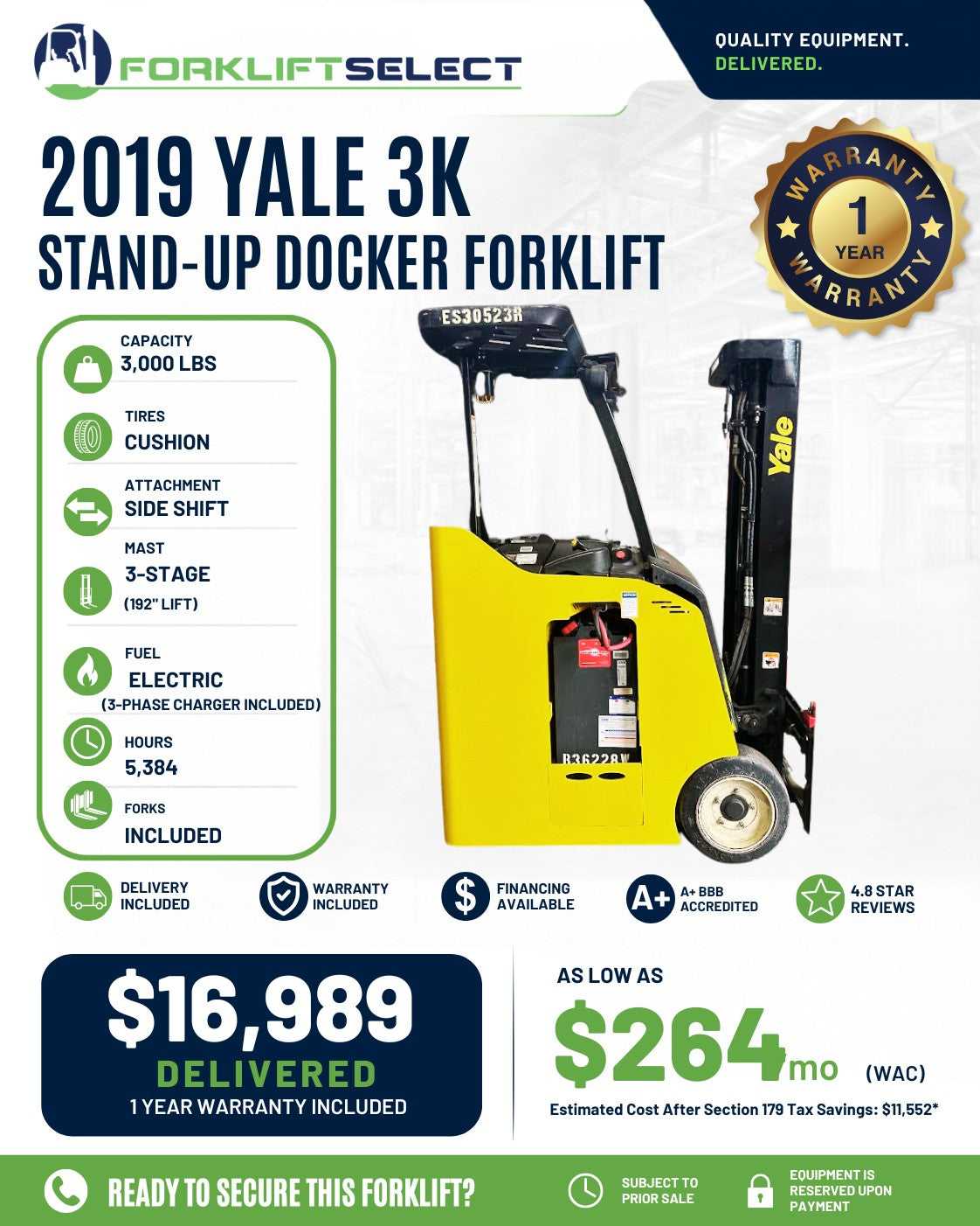 2019 Yale 3K Cushion Tire Forklift