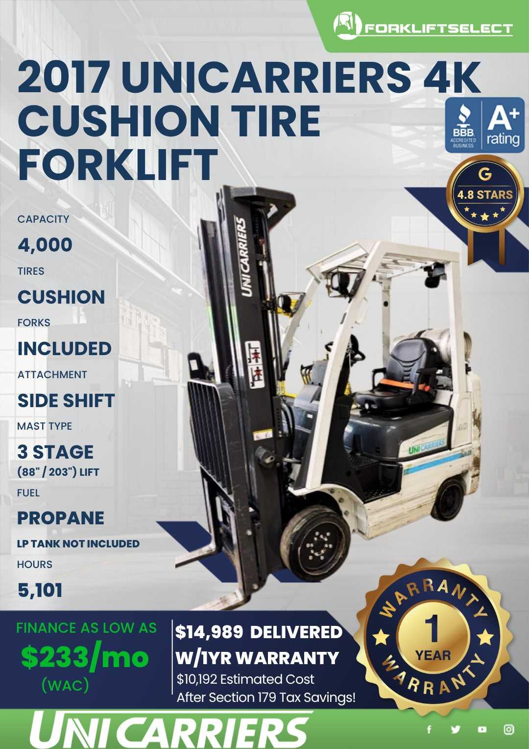 2017 UniCarriers 4K Cushion Tire Fo...