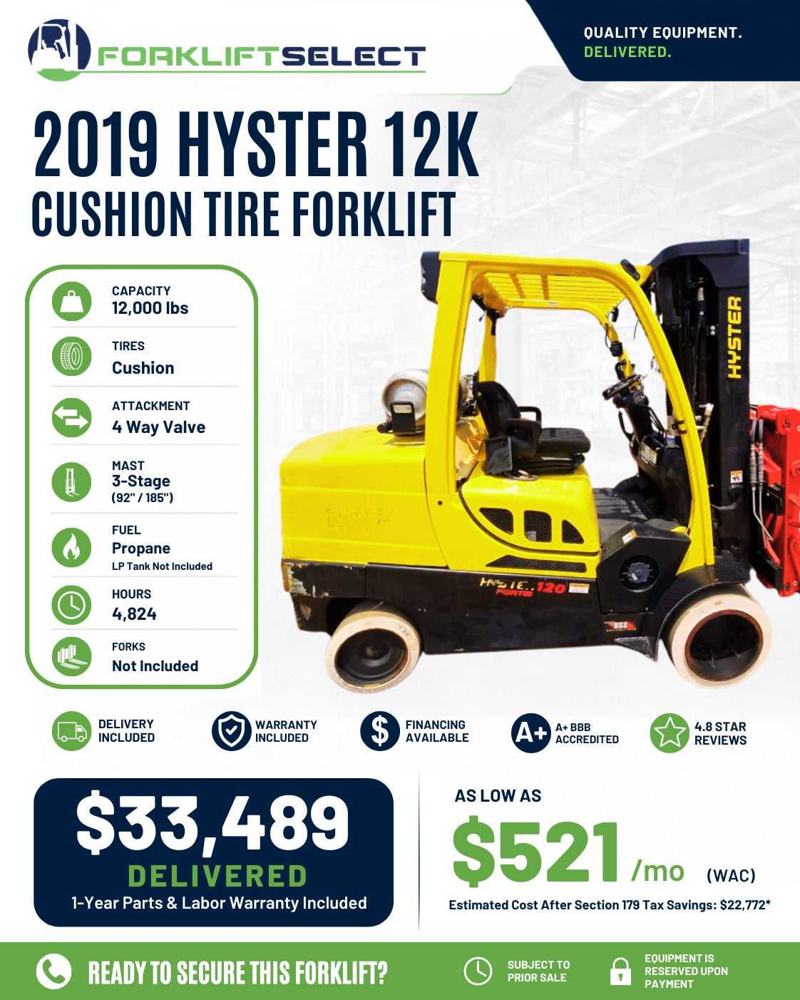 2019 Hyster 12K Cushion Tire Forkli...