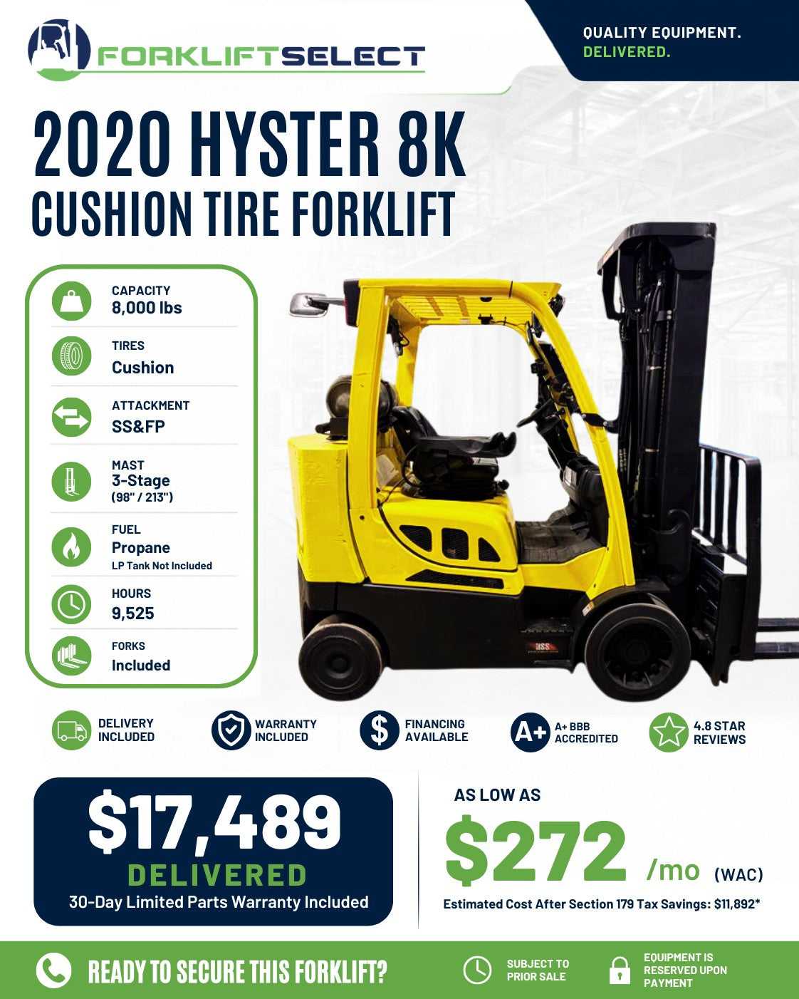 2020 Hyster 8K Cushion Tire Forklif...