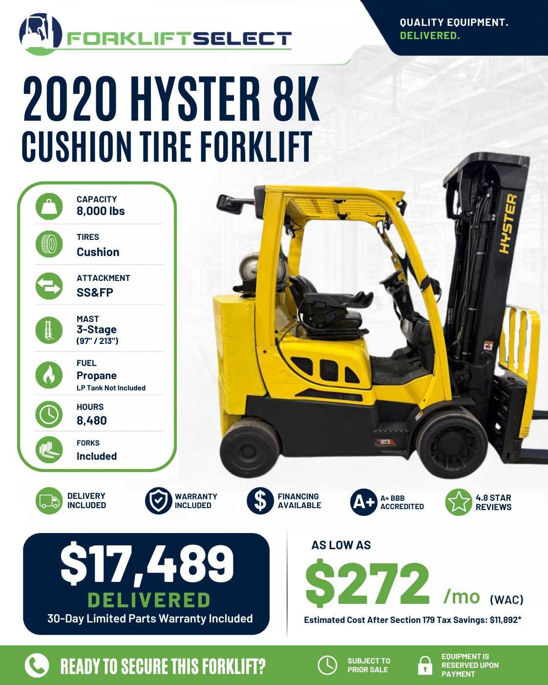 2020 Hyster 8K Cushion Tire Forklif...