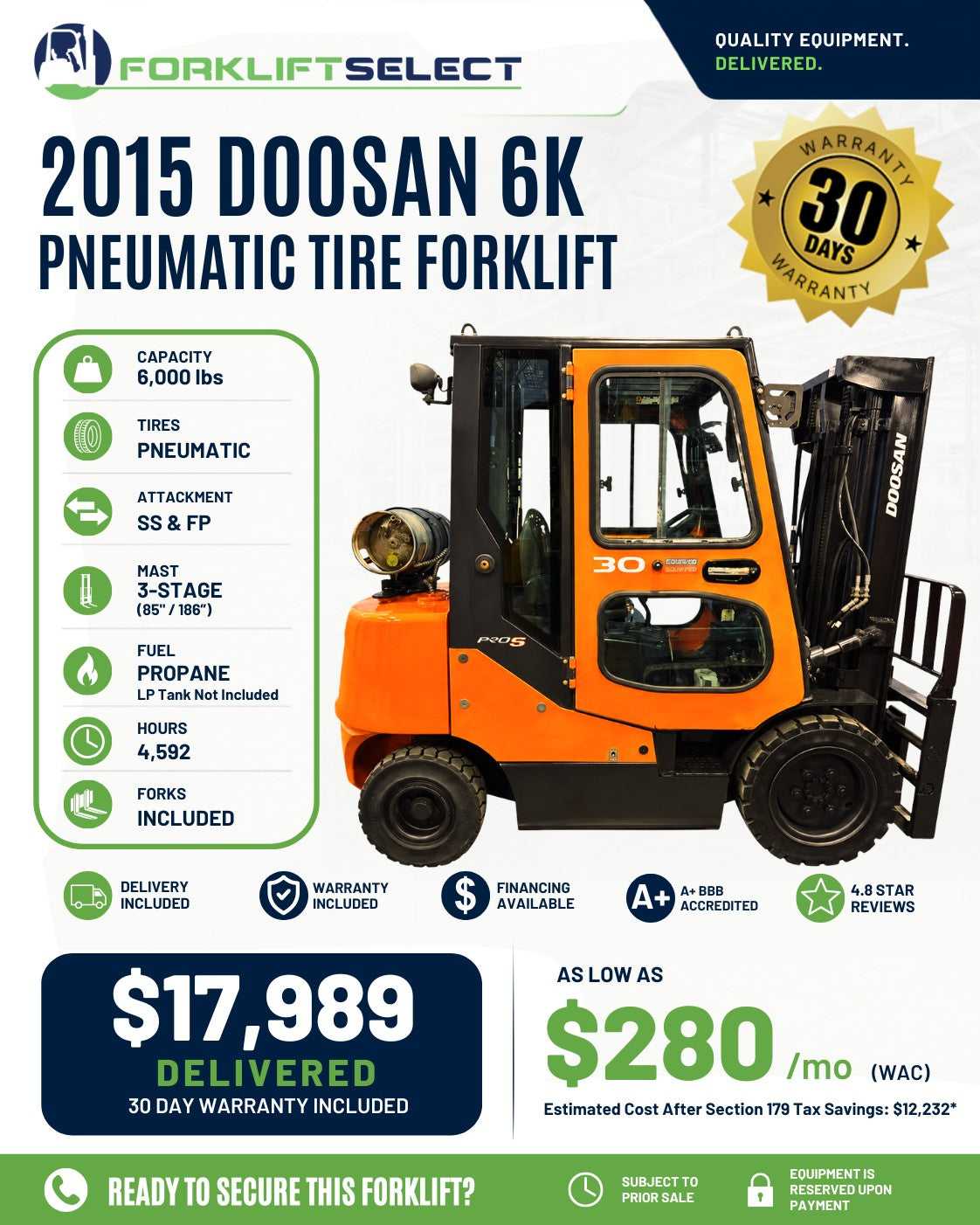 2015 Doosan 6K Pneumatic Tire Forkl...
