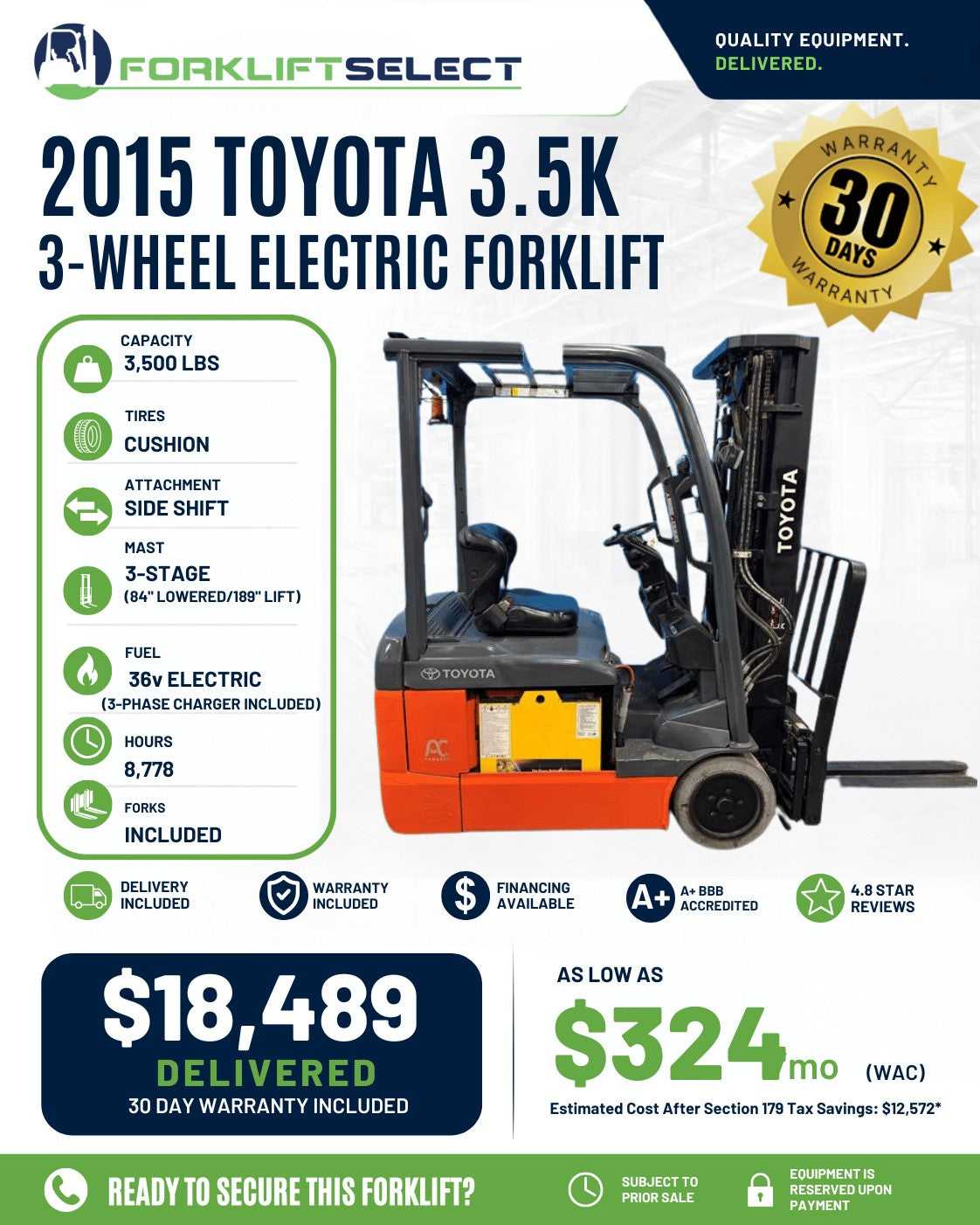 2015 Toyota 3.5K Cushion Tire Forkl...