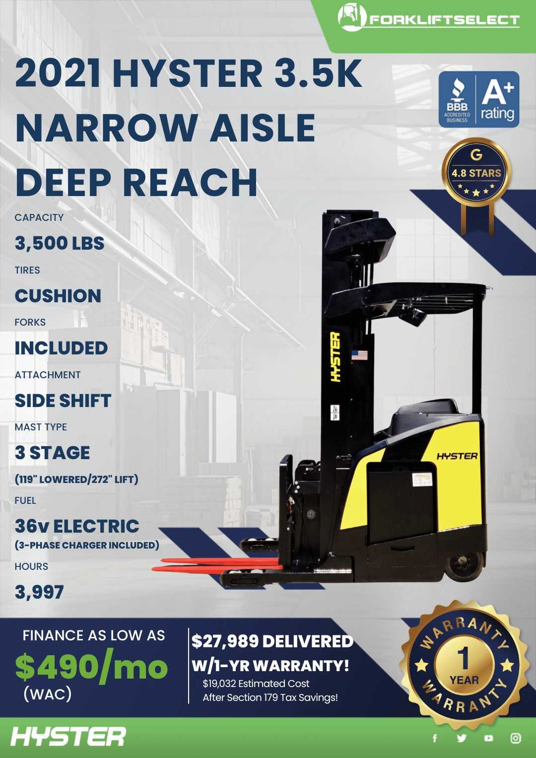 2021 Hyster 3.5K Cushion Tire Forkl...