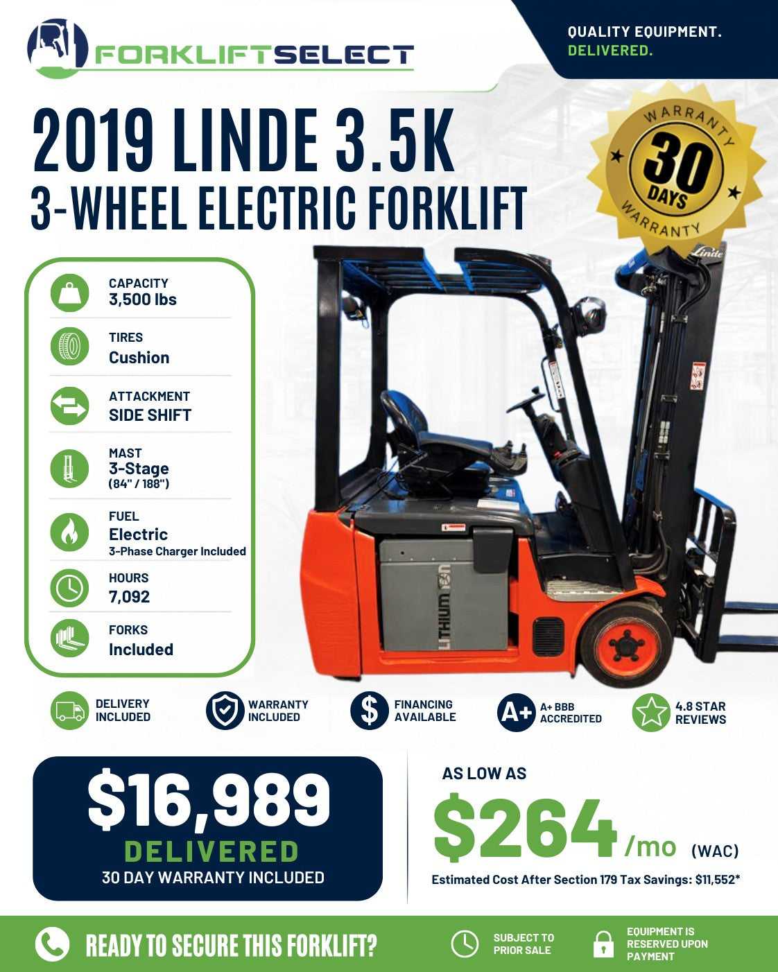 2019 Linde 3.5K Cushion Tire Forklift