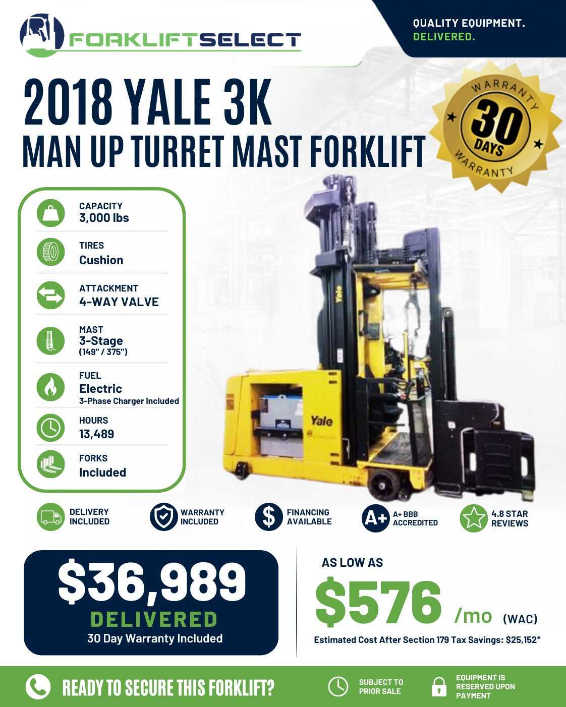 2018 Yale 3K Cushion Tire Forklift