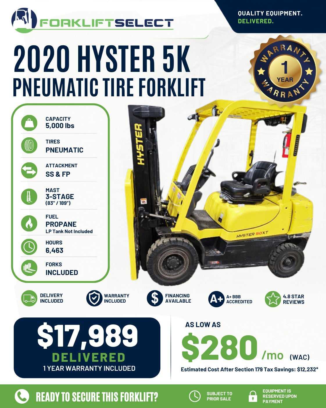 2020 Hyster 5K Pneumatic Tire Forkl...