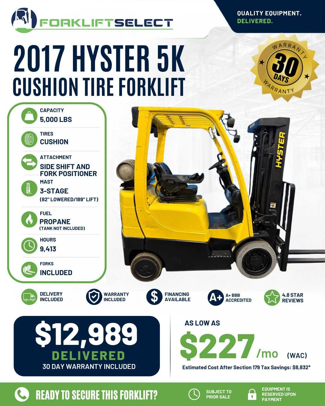 2017 Hyster 5K Cushion Tire Forklif...