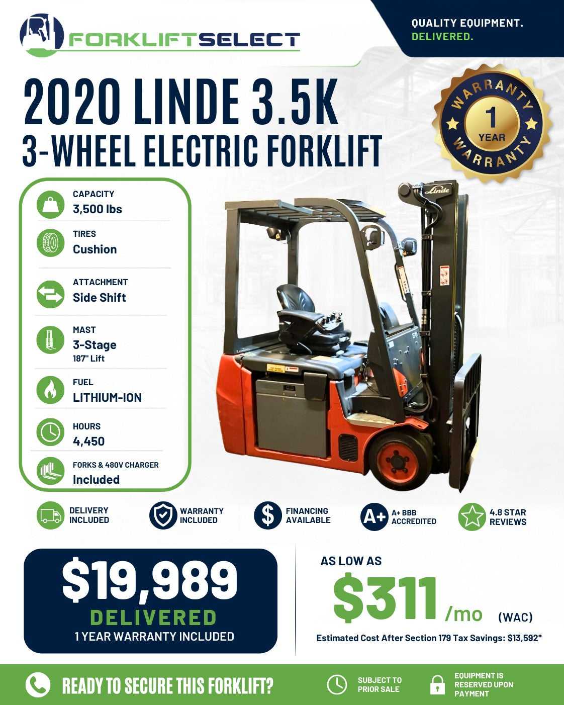2020 Linde 3.5K Cushion Tire Forklift