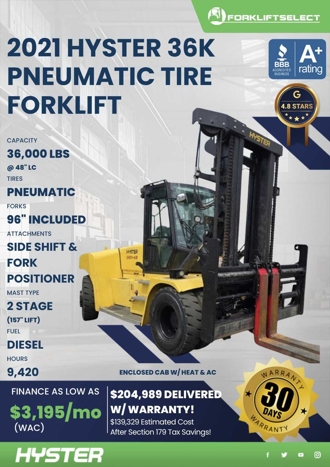 2021 Hyster 36K Pneumatic Tire Fork...