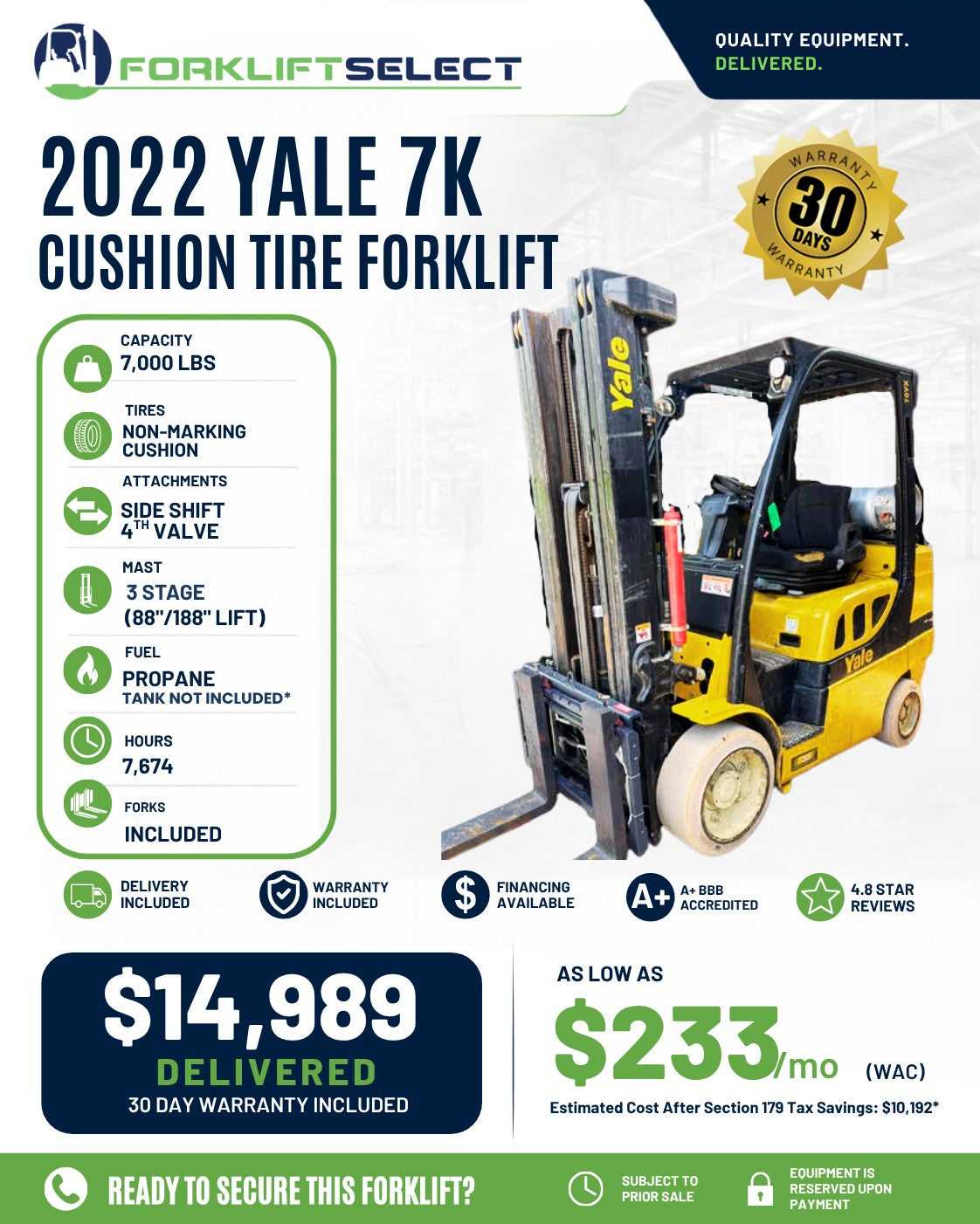2022 Yale 7K Cushion Tire Forklift