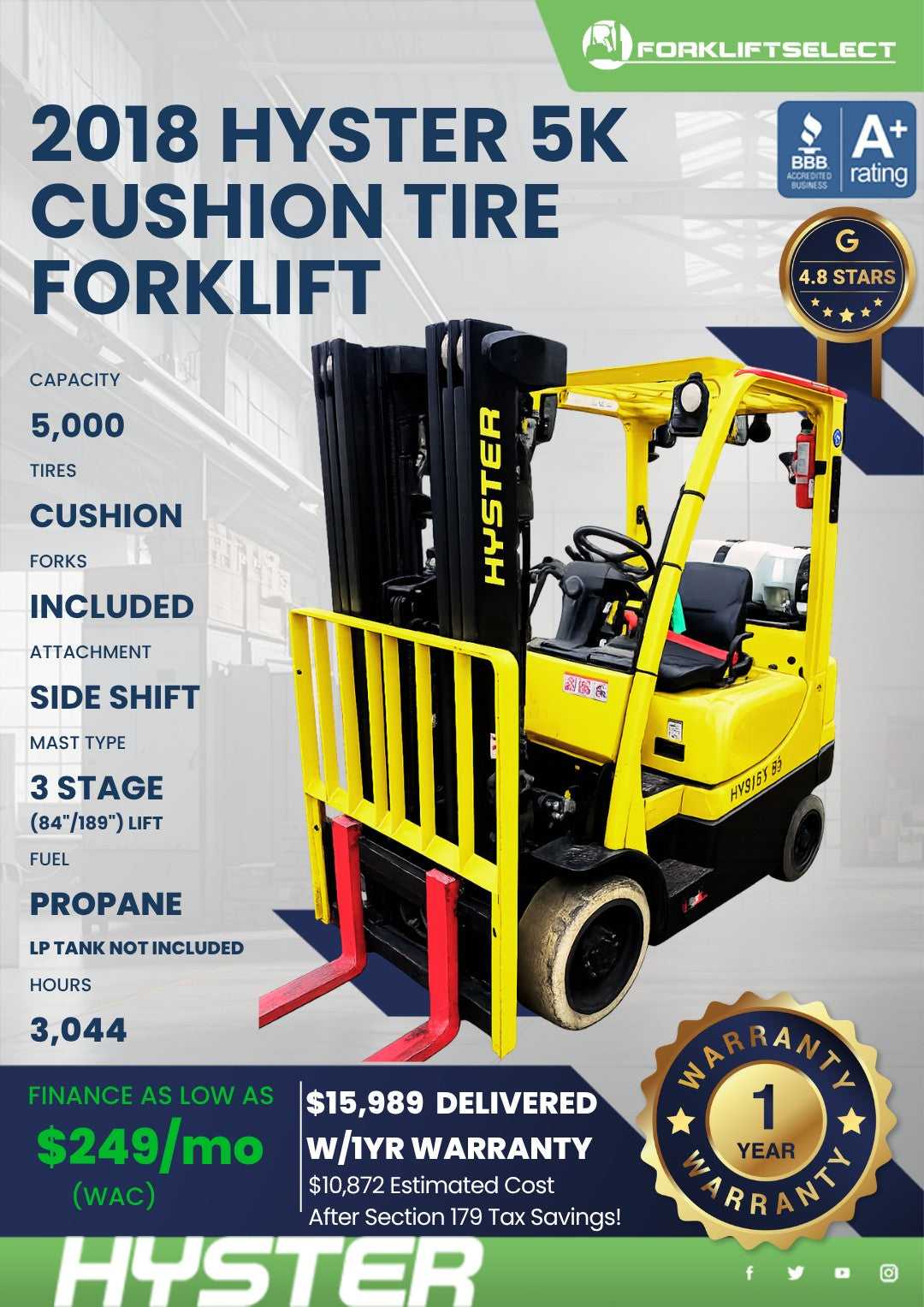 2018 Hyster 5K Cushion Tire Forklif...