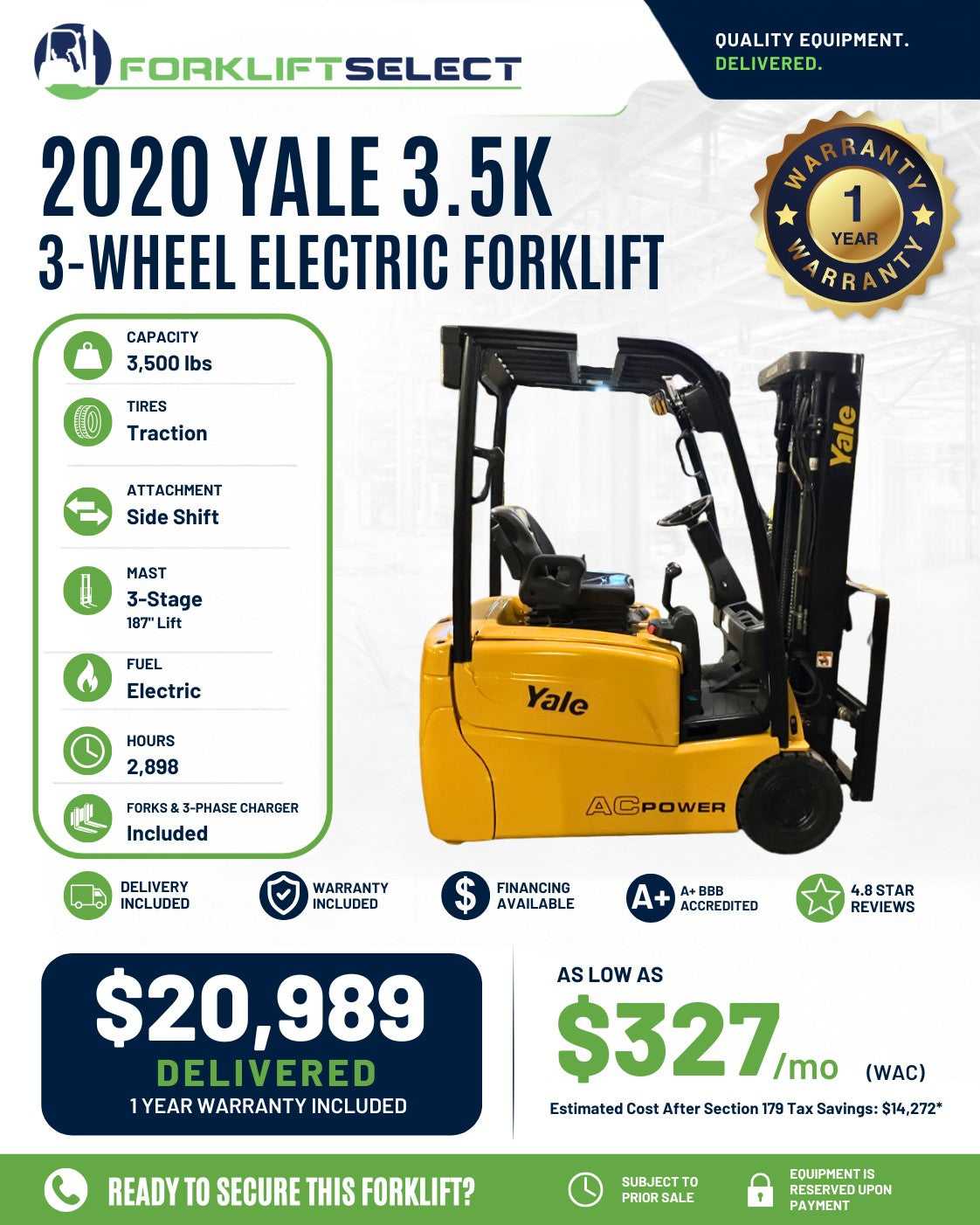 2020 Yale 3.5K Cushion Tire Forklif...