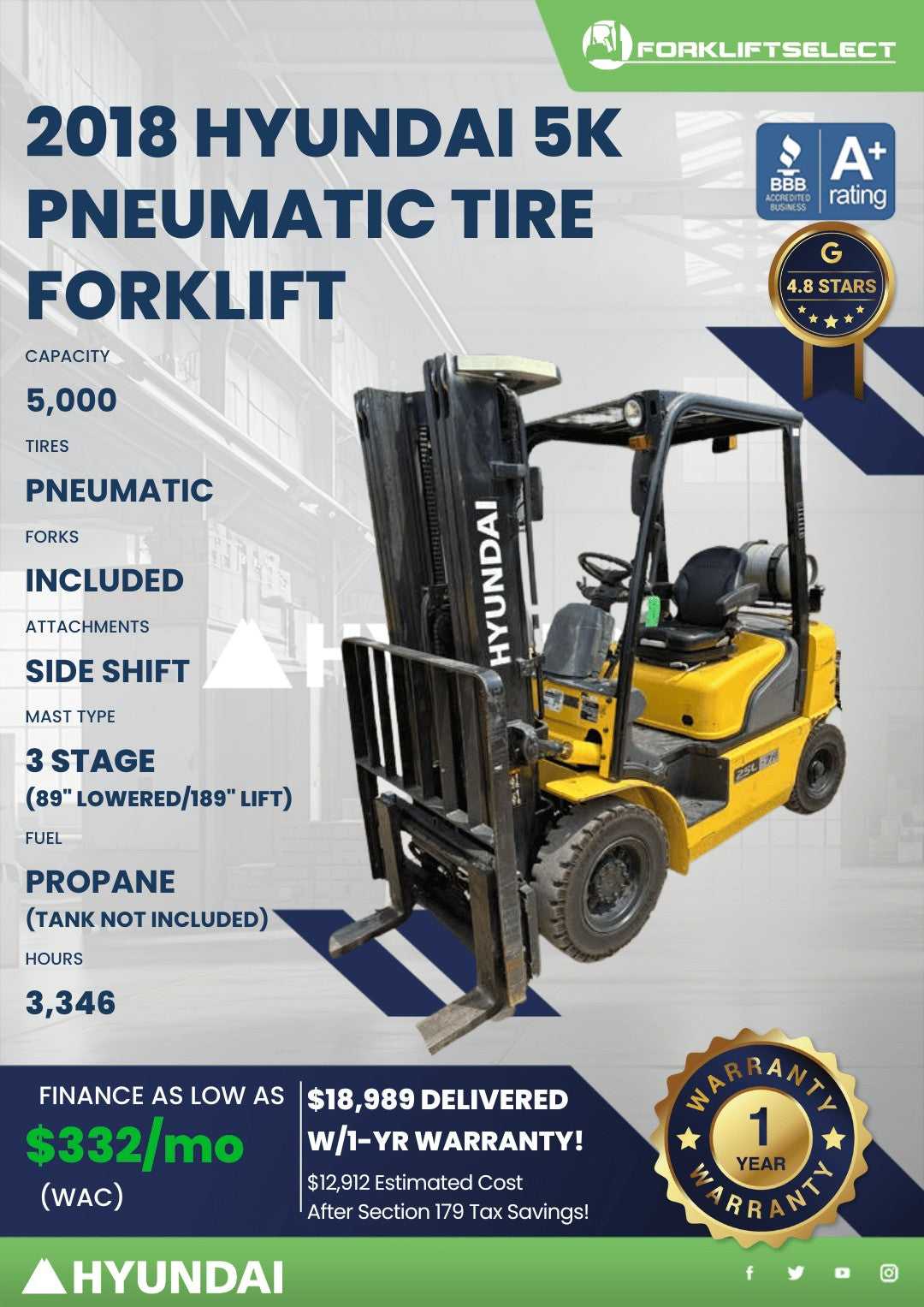 2018 Hyundai 5K Pneumatic Tire Forklift