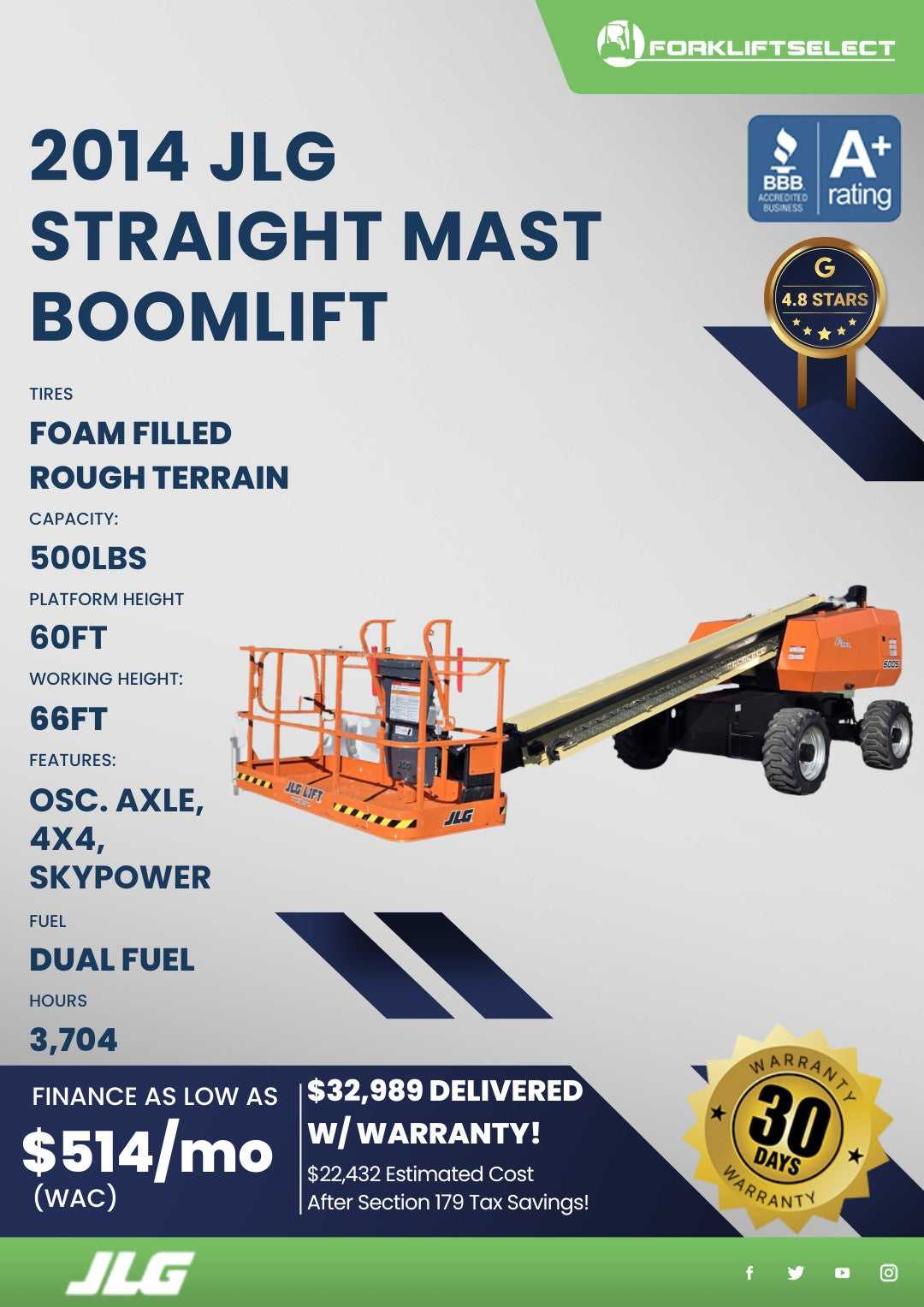 2014 JLG 0.5K Pneumatic Tire Straight Mast Boom Lift
