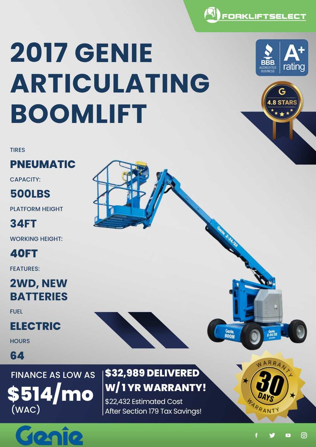 2017 Genie 0.5K Pneumatic Tire Articulating Boom Lift
